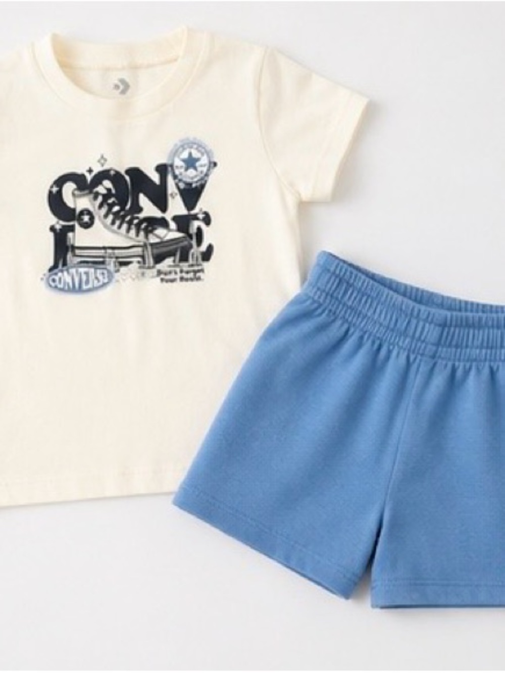Converse Cream Tee with Black Graphic & Light Blue Shorts